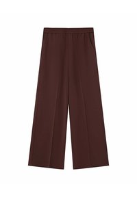 Pantalons larges marron en tissu lisse, dotés d'une taille élastique et de deux poches latérales. Aucun motif ni détail métallique visible.