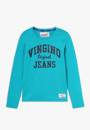 Turkis langærmet skjorte med "VINGINO Original JEANS" trykt i sort på fronten og et lille Vingino-mærke nær forneden.