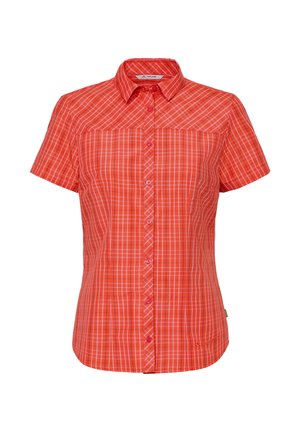 Short-sleeve women’s button-up shirt with red and orange plaid pattern and a collar, displayed on a white background.