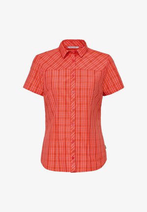 Short-sleeve women’s button-up shirt with red and orange plaid pattern and a collar, displayed on a white background.