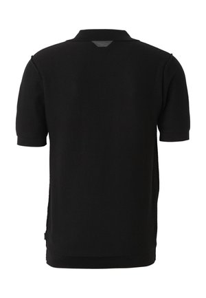 Black short-sleeve polo shirt with a ribbed collar and cuffs, shown from the back on a white background.