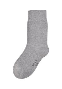 Graue Baumwollsocke mit gerippter Textur, standardmäßiger Länge, verstärkter Spitze und Ferse, mit minimalem Branding an der Seite in einer kontrastierenden Farbe.