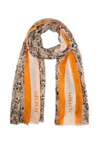 Écharpe imprimée présentant un motif de peau de serpent en beige et noir, avec des rayures solides orange et blanches. Bords effilochés et détail du logo "JOOP!".