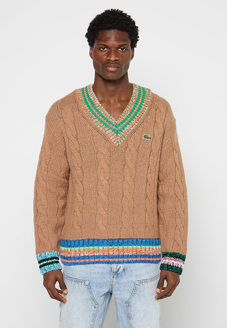 Homme portant un pull en tricot torsadé marron avec des poignets, un ourlet et un col en V à rayures multicolores, associé à un jean bleu clair, se tenant devant un fond blanc.