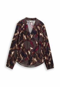 Loose-fitting blouse in silky fabric, featuring a multicolored abstract pattern in shades of brown, burgundy, and purple with long sleeves.