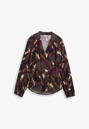 Loose-fitting blouse in silky fabric, featuring a multicolored abstract pattern in shades of brown, burgundy, and purple with long sleeves.