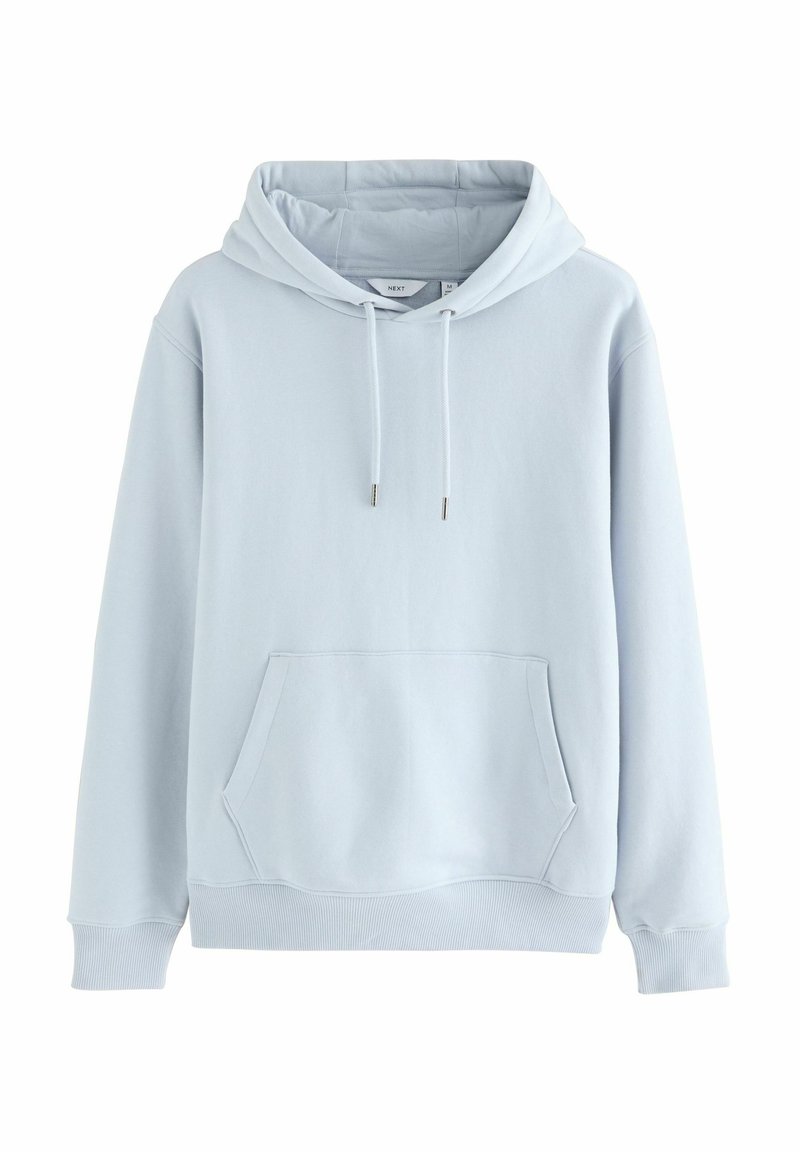 Helle blaue Kapuzenjacke aus weichem Baumwollmix, mit einer Kängurutasche, einem Kordelzugkapuze und gerippten Bündchen und Saum.