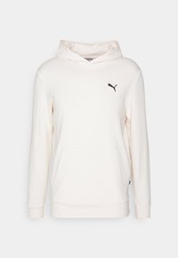 Sudadera de color crema claro hecha de una tela suave; cuenta con un bolsillo frontal, mangas largas y un logo de Puma en negro en el pecho.
