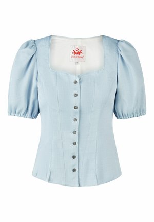 Hellblaue Kurzarmbluse mit Puffärmeln, quadratischem Ausschnitt, vorderer Knopfleiste und taillierter Passform von Spieth & Wensky.