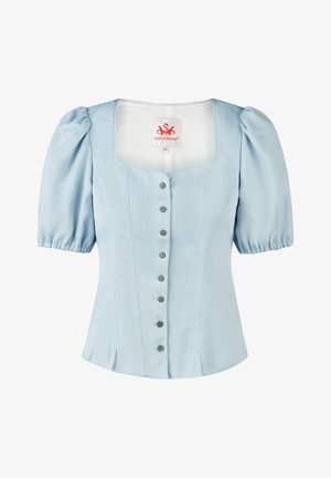 Hellblaue Kurzarmbluse mit Puffärmeln, quadratischem Ausschnitt, vorderer Knopfleiste und taillierter Passform von Spieth & Wensky.