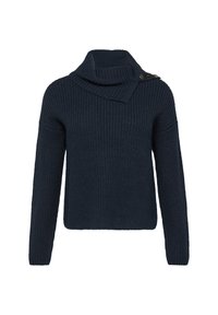 Granatowy sweter dzianinowy z wysokim kołnierzem, z ukośnym klapą i detalem guzika na ramieniu oraz luźnym krojem.