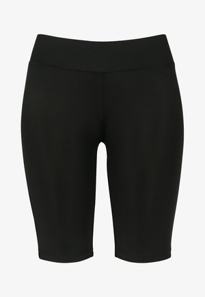 Shorts da ciclismo neri elasticizzati con un ampio cinturino elastico. Presentano una texture liscia e un design a lunghezza ginocchio, adatti per abbigliamento attivo.