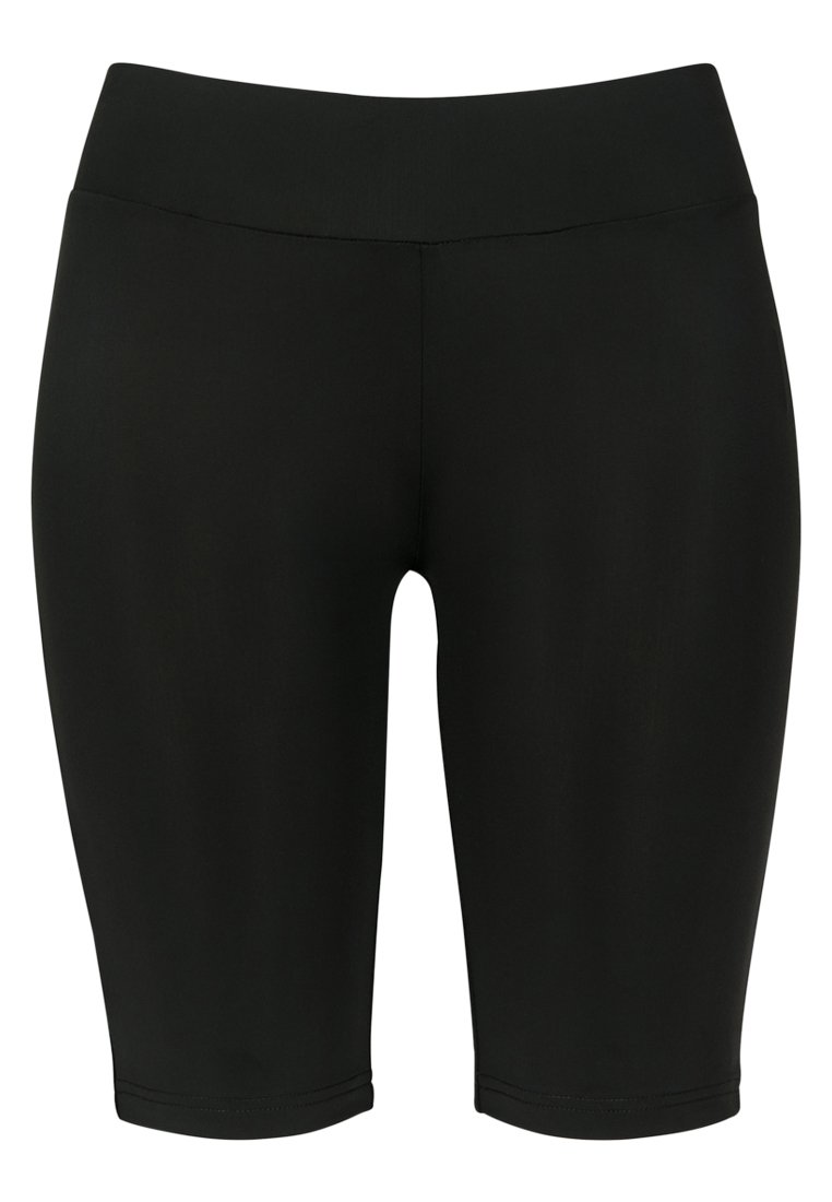 Zwarte stretch fiets shorts met een brede, elastische tailleband. Beschikt over een soepele textuur en een knielange snit, geschikt voor actieve kleding.