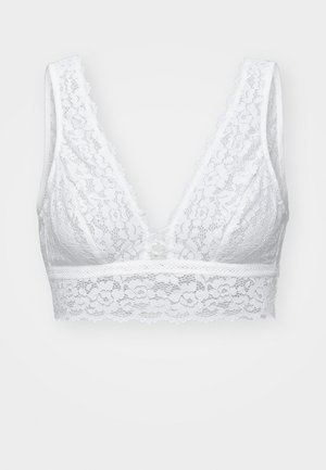 White lace bralette featuring a deep V-neck, intricate floral patterns, wide straps, and a decorative lace trim at the hem.