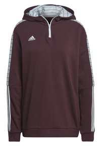 Sweat à capuche Adidas bordeaux foncé avec fermeture éclair blanche, manches rayées blanche et grise, et logo Adidas sur le côté gauche de la poitrine.