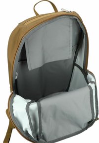 Zaino in tessuto marrone con fodera grigia, apertura con cerniera, scomparto interno e tasca laterale per l'organizzazione. Design e cuciture resistenti.