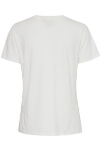 Camiseta de algodón blanca con un corte relajado, mangas cortas y cuello redondo. Textura suave, sin patrones ni acentos visibles. Vista posterior.