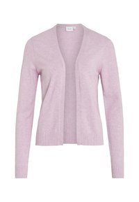 Hellrosa Strickjacke aus weichem Material. Verfügt über einen V-Ausschnitt, lange Ärmel sowie gerippte Bündchen und Saum. Offenes Frontdesign ohne Verschlüsse.