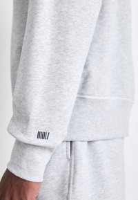 Gray sweatshirt in cotton-blend fabric, featuring ribbed cuffs and a subtle navy accent on the sleeve with vertical lines.