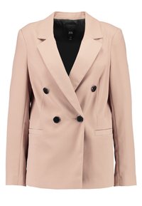 Blazer de color rosa empolvado de doble botonadura, confeccionado en una tela suave, con solapa con muesca, dos botones negros y bolsillos laterales.