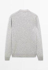 Gray knitted sweater with a rounded collar, long sleeves, and a smooth texture. Features ribbed cuffs and hem without visible logos.