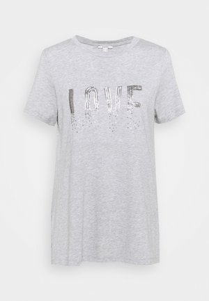 Hellgraues T-Shirt mit kurzen Ärmeln, Rundhalsausschnitt und silbernem Pailletten-Schriftzug "LOVE" auf der Brust.