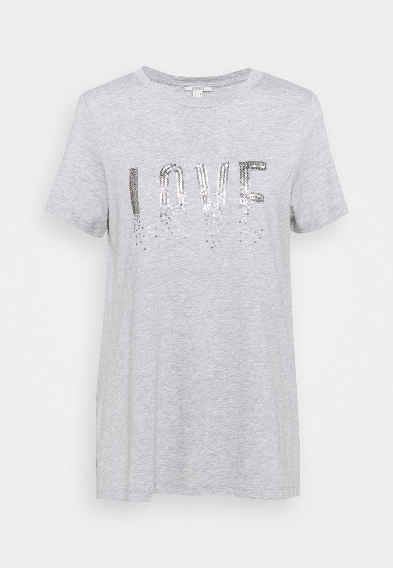 T-shirt gris clair à manches courtes avec col rond et texte "LOVE" en sequins argentés sur la poitrine.