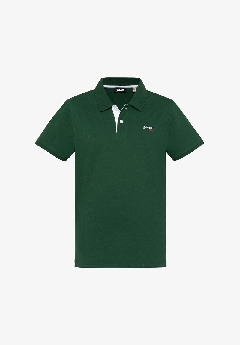 Polo shirt verde scuro in cotone. Caratterizzato da un colletto bianco, una patta con due bottoni e un logo ricamato sul petto. Maniche corte.
