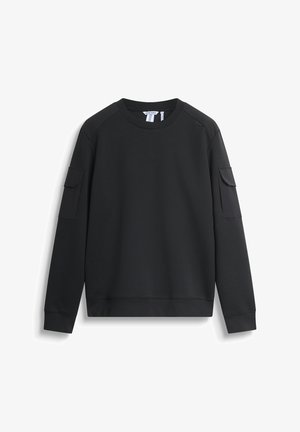Black sweatshirt with a round neckline, long sleeves, and side pockets. Made of a smooth fabric with a relaxed fit and ribbed cuffs.