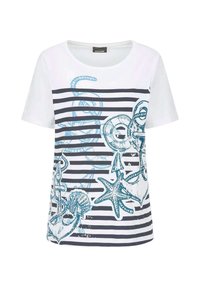 White short-sleeve shirt with navy blue horizontal stripes and a blue nautical print featuring anchors, a starfish, and seashells.