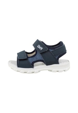 Sandalo per bambini blu navy con suola bianca, due cinturini regolabili in velcro e supporto imbottito per il tallone.