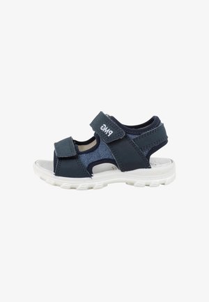 Sandalo per bambini blu navy con suola bianca, due cinturini regolabili in velcro e supporto imbottito per il tallone.