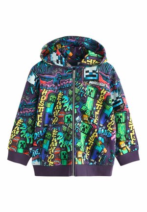 Children’s zip-up hoodie with colorful Minecraft characters, blocks, and words in graffiti style on a dark background.