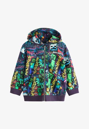 Dziecięca bluza z kapturem na zamek z kolorowymi postaciami Minecraft, blokami i słowami w stylu graffiti na ciemnym tle.