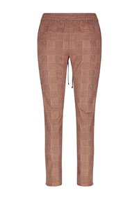 Pantalons à carreaux avec une taille élastique, un cordon de serrage et des jambes fuselées. Fabriqués en tissu léger dans des tons de marron et de beige.