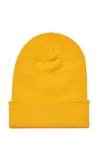 Kollane kootud müts pehme tekstuuriga, millel on ümardatud äär ja ümar ülaosa, sobib igapäevaseks kandmiseks külmas ilmas.