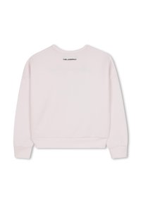 Felpa rosa con collo rotondo, maniche lunghe e polsini a coste. Presenta il logo "KARL LAGERFELD" stampato in nero sulla parte posteriore. Tessuto morbido.