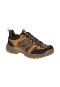 Braune und beige wasserdichte Wanderschuhe mit Mesh- und Wildlederpaneelen, runder Zehenpartie und strukturiertem Gummisohle. Mit reflektierenden Schnürsenkeln und einer grünen Zuglasche.