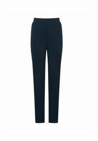 Granatowe spodnie o gładkiej fakturze, dopasowane, z elastyczną talią. Charakteryzują się minimalnym przeszyciem i brakiem widocznych kieszeni.