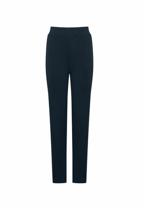 Granatowe spodnie o gładkiej fakturze, dopasowane, z elastyczną talią. Charakteryzują się minimalnym przeszyciem i brakiem widocznych kieszeni.