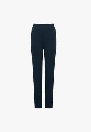 Granatowe spodnie o gładkiej fakturze, dopasowane, z elastyczną talią. Charakteryzują się minimalnym przeszyciem i brakiem widocznych kieszeni.