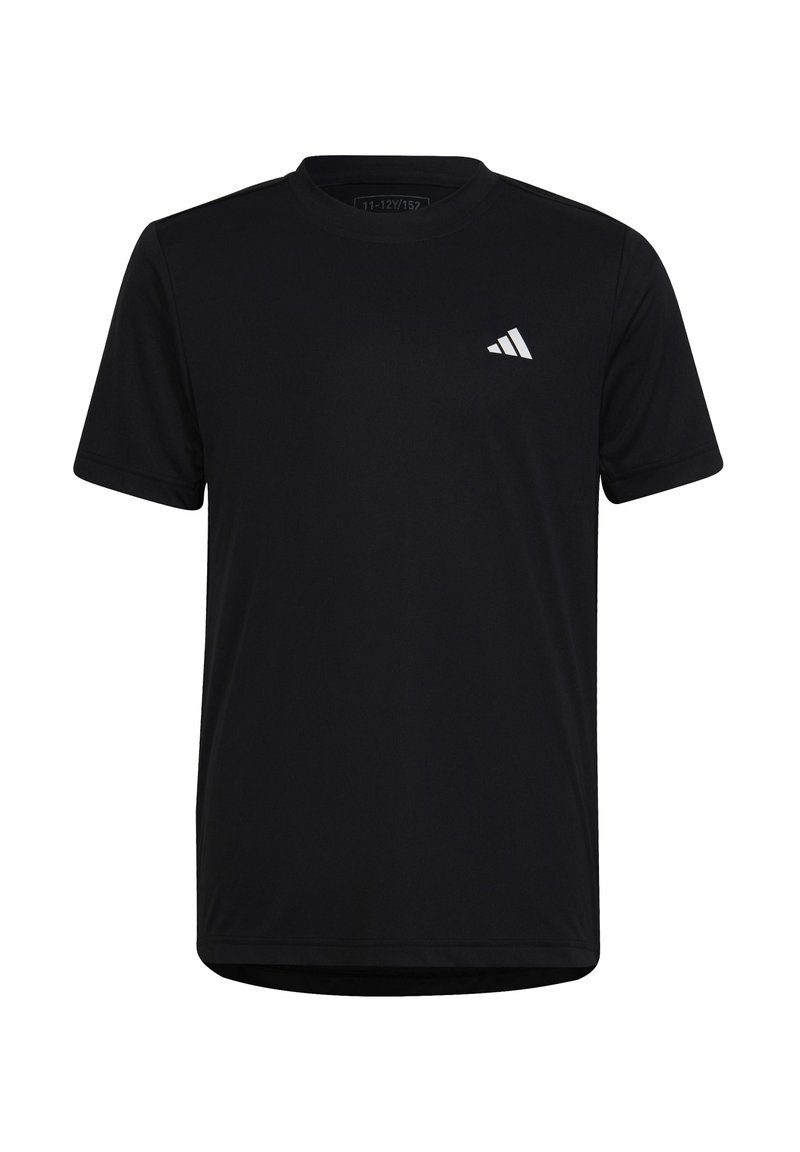 Camiseta atlética negra confeccionada en una tela suave y ligera. Presenta un cuello redondo y un logo blanco en el pecho. Mangas cortas y un corte regular.