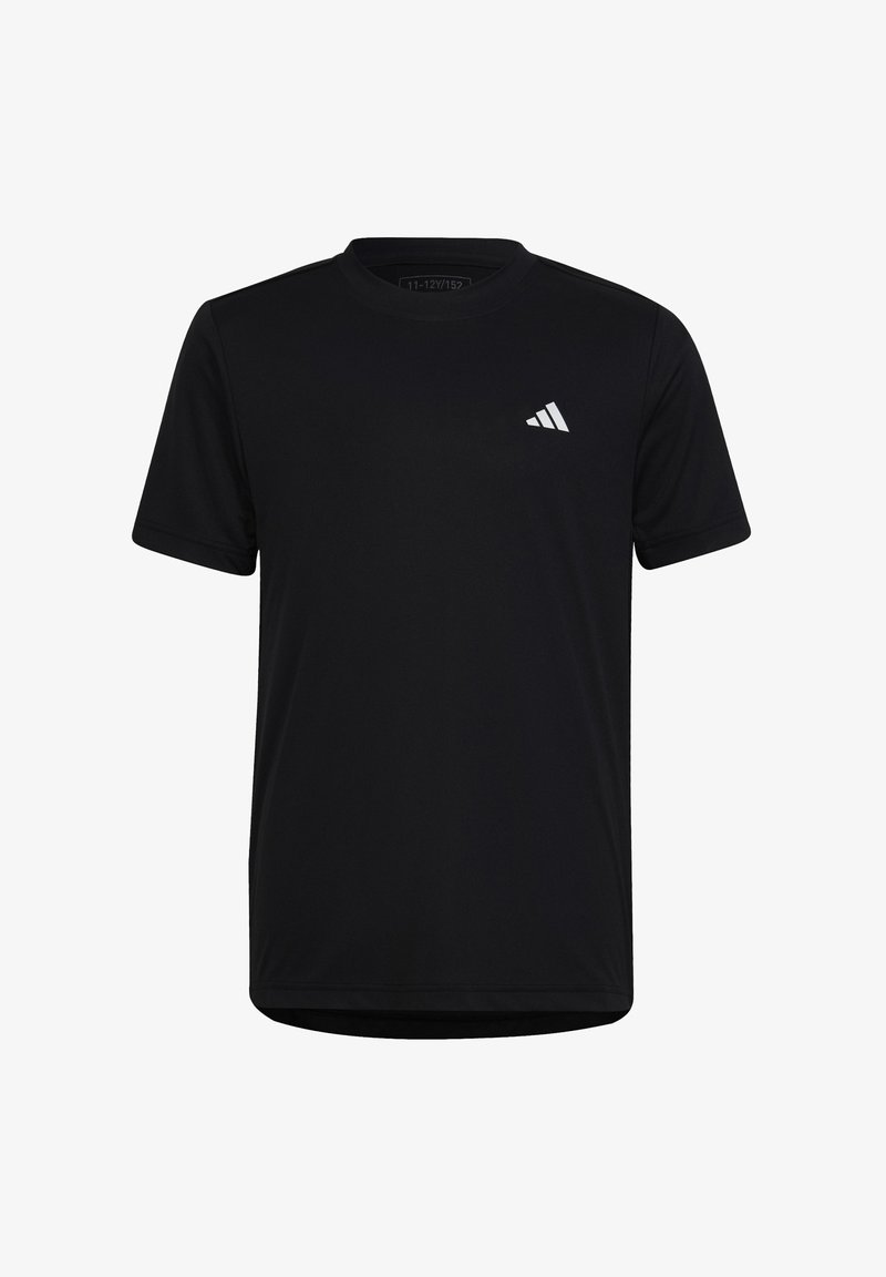 Černé sportovní tričko vyrobené z hladké, lehké látky. Má kulatý výstřih a bílé logo na hrudi. Krátké rukávy a standardní střih.