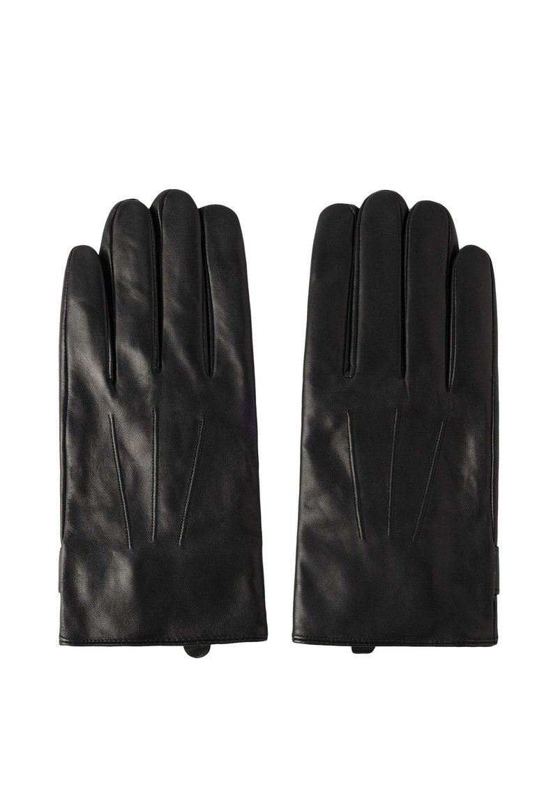 Gants en cuir noir avec une texture lisse, design classique et style à cinq doigts. Présentent des accents de couture verticale au dos.