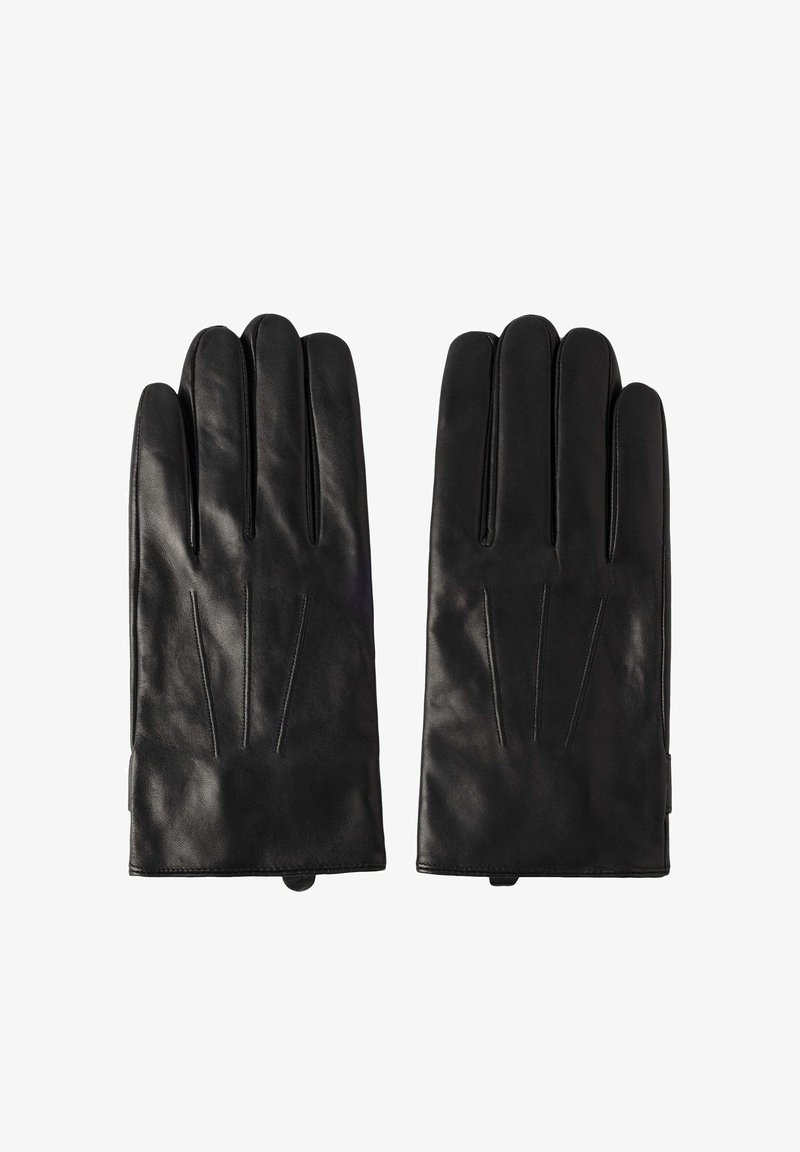 Gants en cuir noir avec une texture lisse, design classique et style à cinq doigts. Présentent des accents de couture verticale au dos.