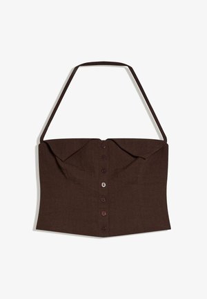 Brown cropped halter top with front buttons, structured bust, and wide collar detail, designed for a close fit.