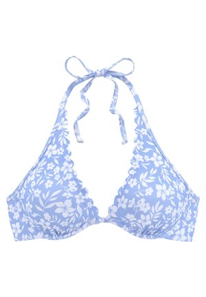Light blue bikini top with white floral pattern, scalloped edges, and halter neck tie closure.