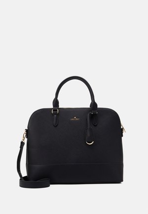 Schwarze strukturierte Handtasche mit zwei Griffen, abnehmbarem Schulterriemen, goldfarbenen Beschlägen und kleinem goldenem Markenlogo vorne.
