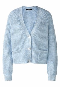 Vaaleansininen neulottu neuletakki V-kaula-aukolla, neljällä edessä olevalla napilla, kahdella taskulla ja resorireunuksilla. Pehmeä pinta, jossa hienovarainen kuvio.