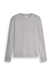 Sudadera gris de tejido de algodón mezclado, con cuello redondo, mangas largas y detalle de logo en relieve en la parte frontal. Textura suave.